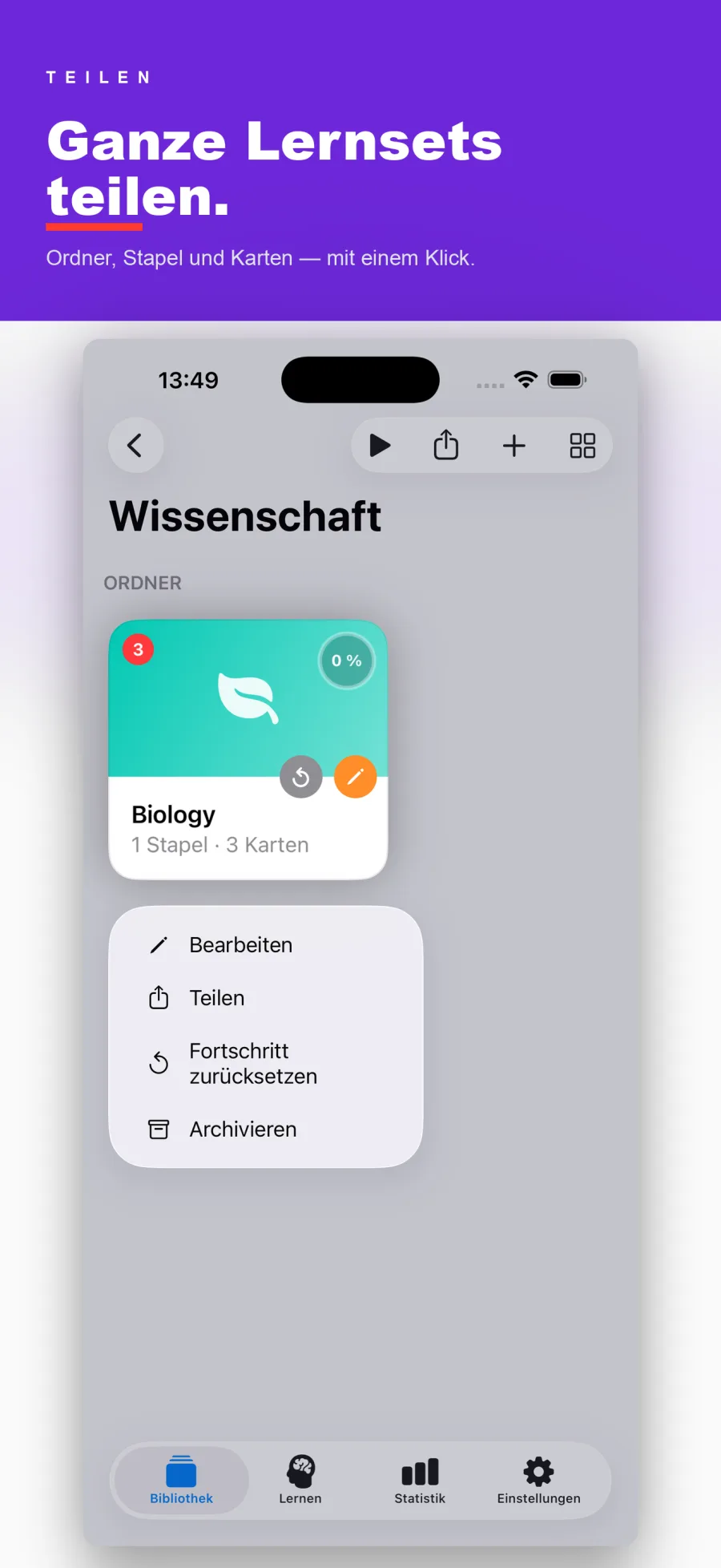 Kontextmenü mit Bearbeiten, Teilen, Fortschritt zurücksetzen und Archivieren