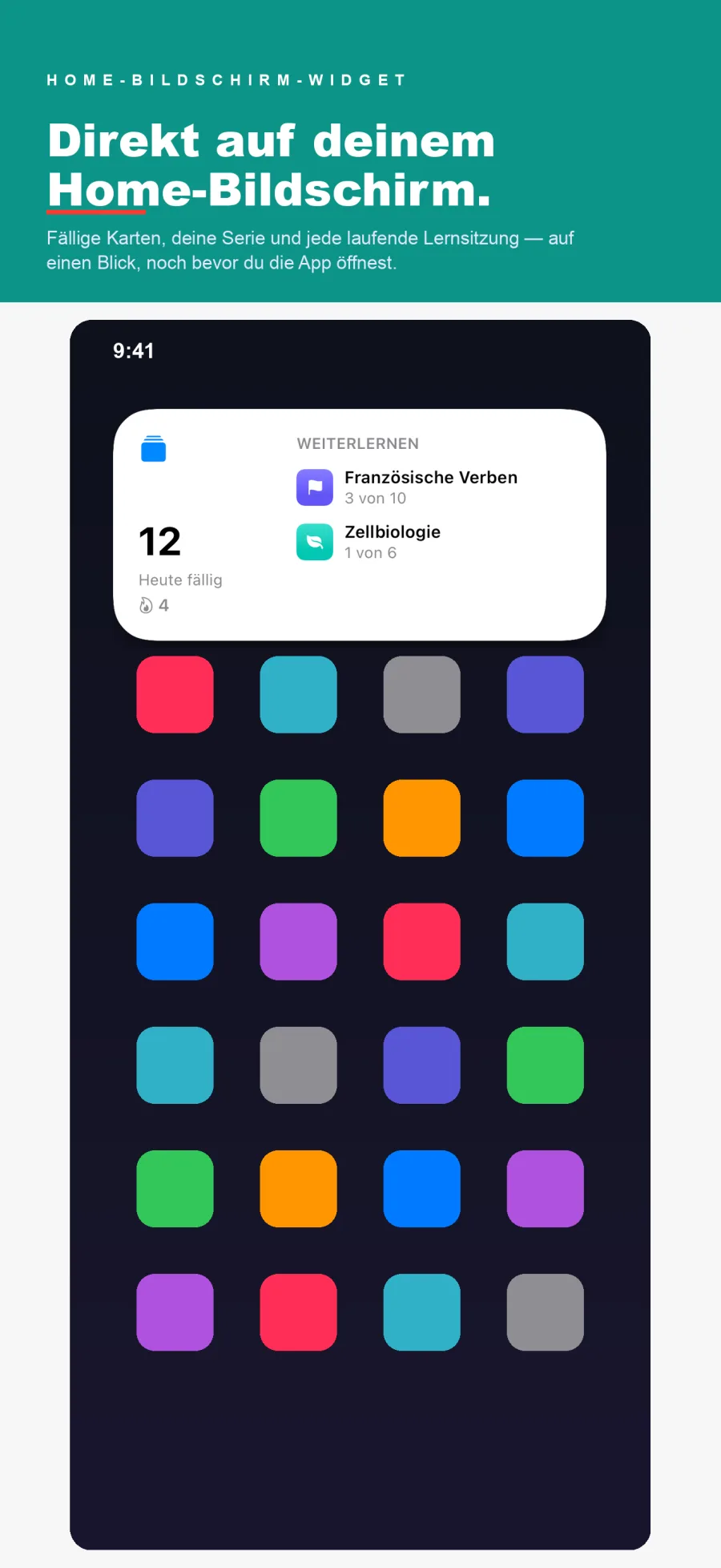 Home-Bildschirm-Widget mit fälligen Karten, Serie und pausierten Sitzungen