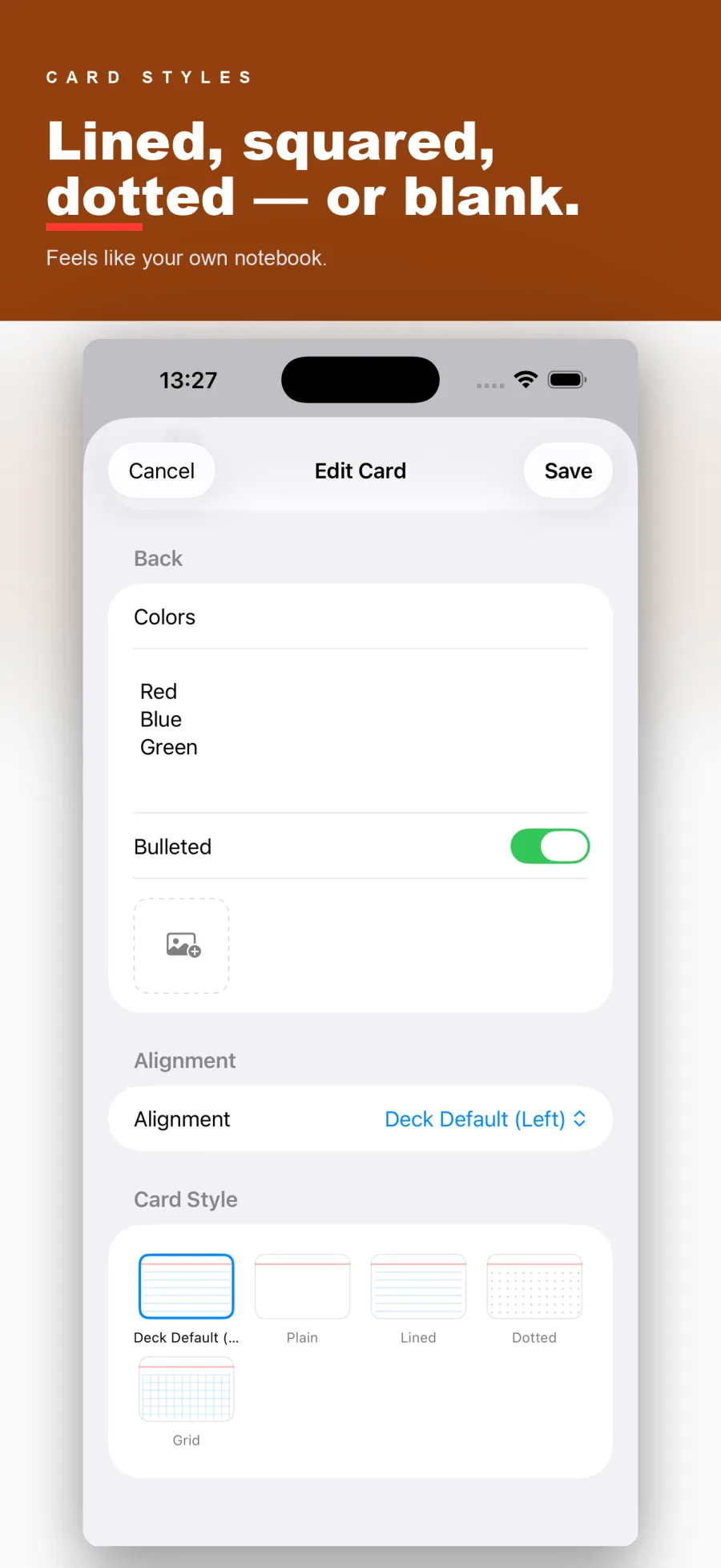Card style picker: plain, lined, dotted, grid