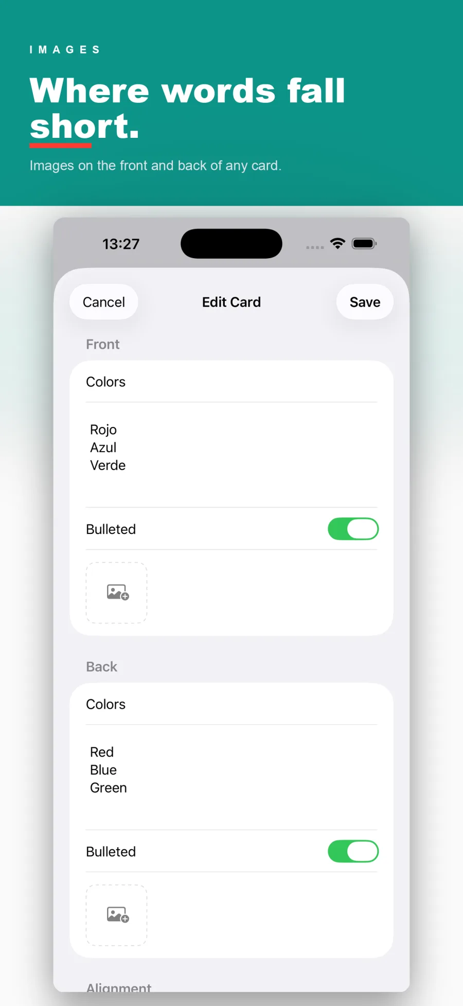 Edit card screen with image placeholders on front and back